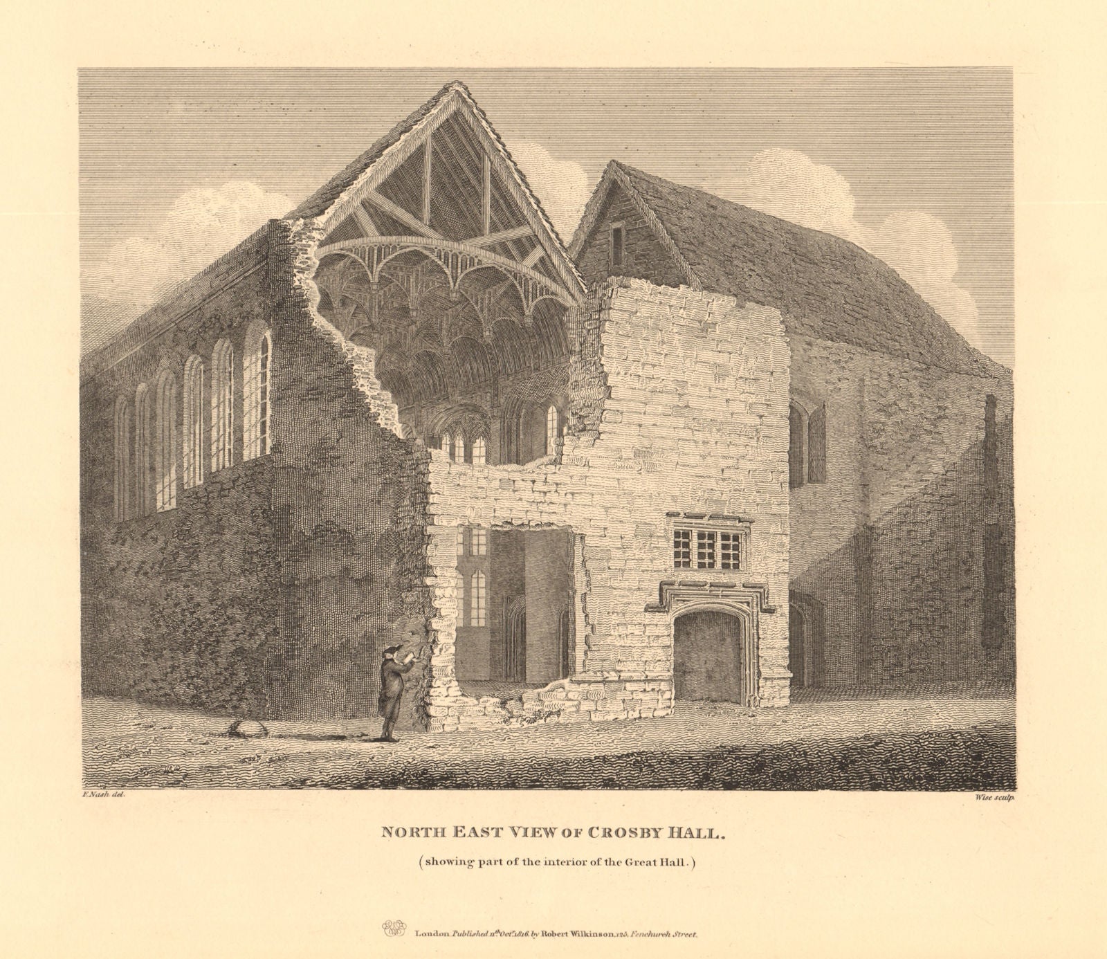 CROSBY HALL. Bishopsgate, now Cheyne Walk, Chelsea. North east view 1834 print